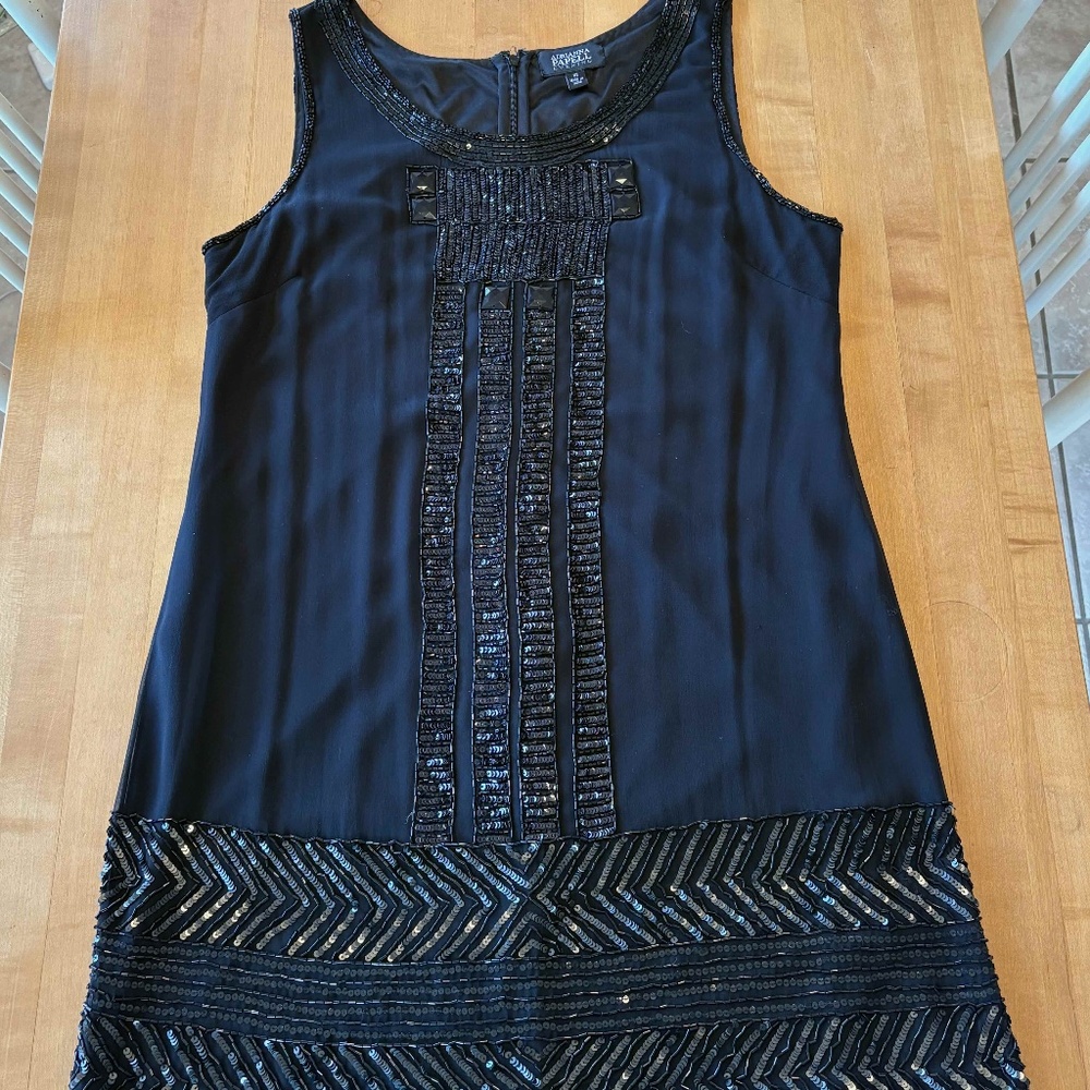 ADRIANNA PAPELL EVENING Black Silk Chiffon Beaded Cocktail Dress, Size 14